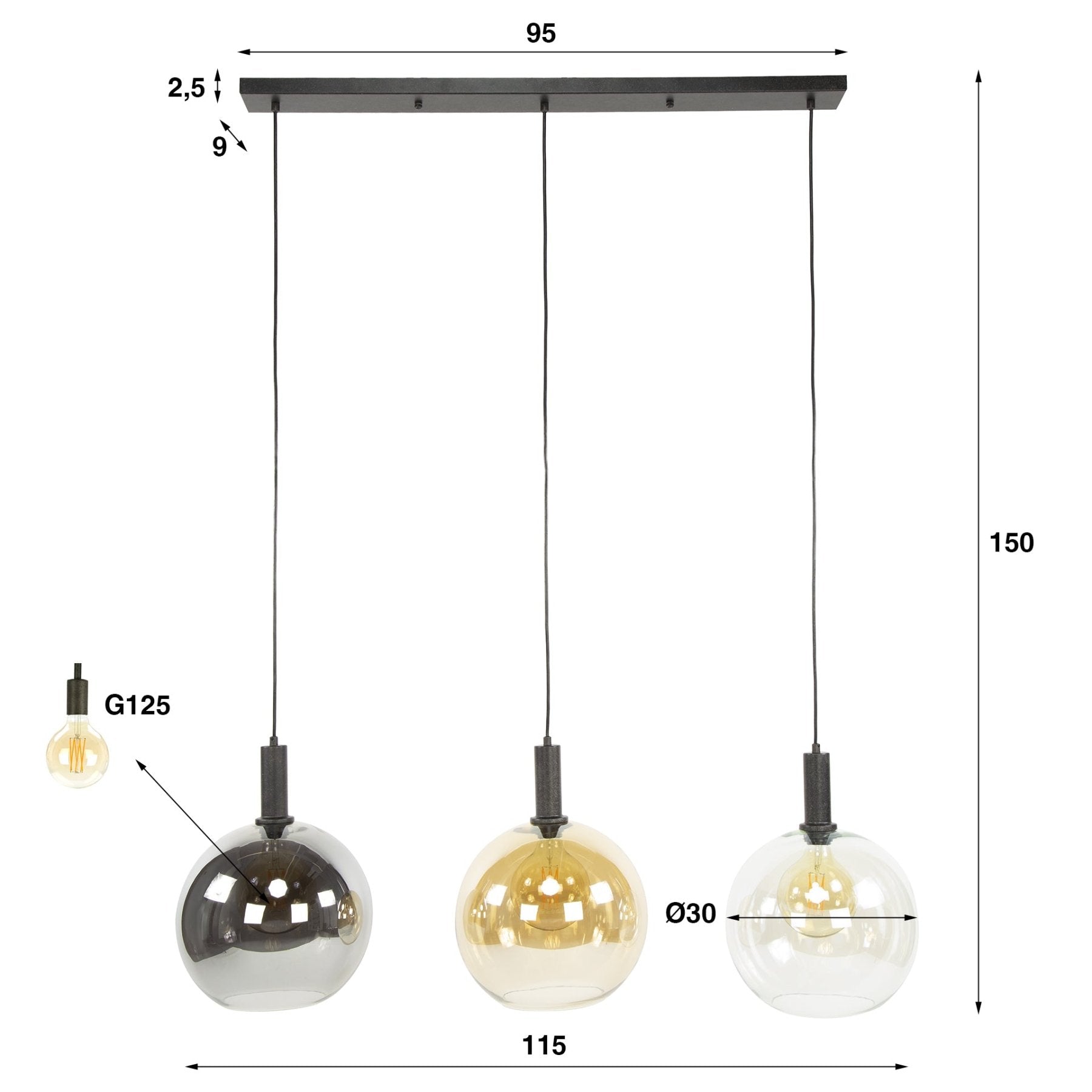 Hanglamp Valeo Trio 3-lichts Zwart Metaal 115 cm