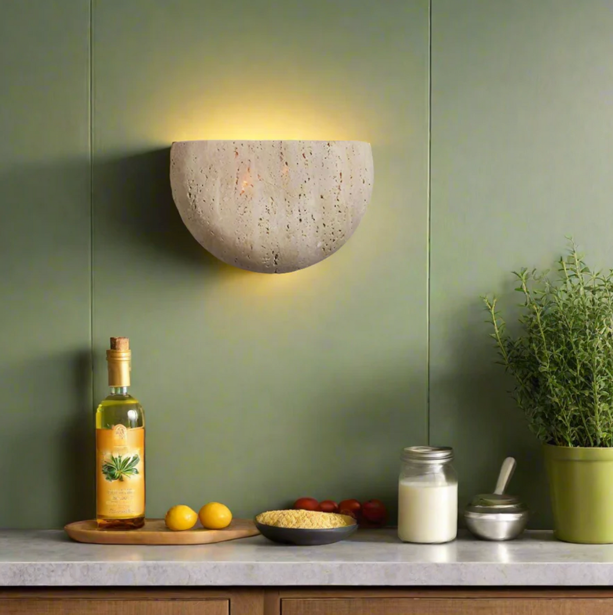 Halfronde Travertijn Wandlamp - StoneLume
